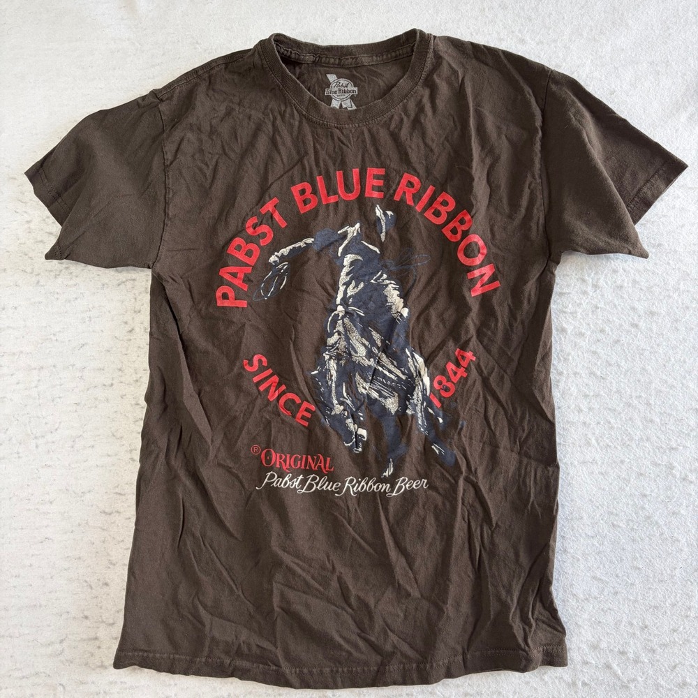 Pabst Blue Ribbon T-Shirt Mens M Brown Graphic Rodeo Cowboy Short Sleeve